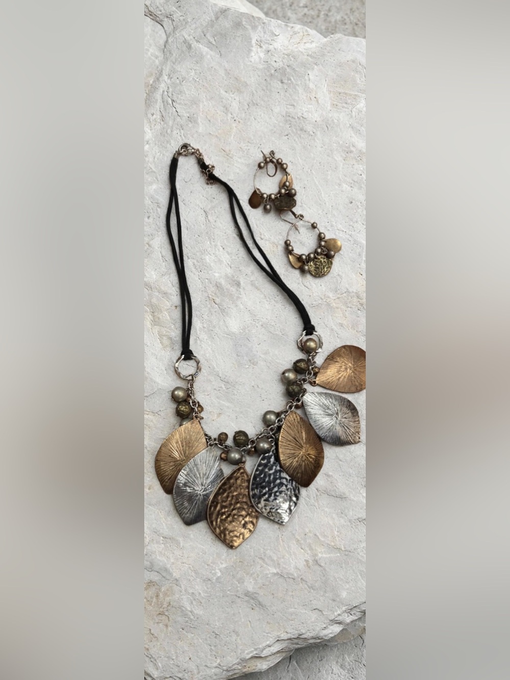 Boho Mixed-Metal Leaf Bib Necklace + Earring Set